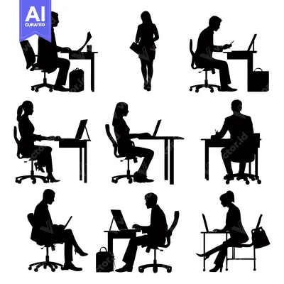 Aset desain premium: Silhouettes of People Working at Desks with Laptops and Computers