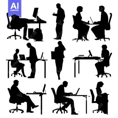 Premium design asset: Black and White Silhouettes of People Working at Desks and in Office E