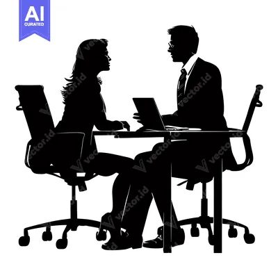 Aset desain premium: Silhouette of a Man and Woman Sitting at a Desk with a Laptop