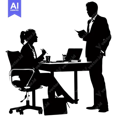Aset desain premium: Silhouette of a Business Meeting with a Woman Sitting and a Man Standi