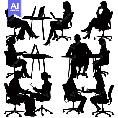 Aset desain premium: Silhouettes of people sitting in office chairs and working at desks