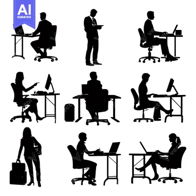 Silhouettes of Business Professionals Working at Desks and in an Offic