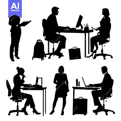 Aset premium populer: Silhouettes of five office workers in various positions