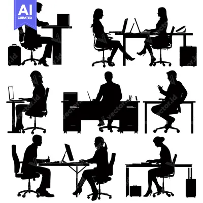 Seven Silhouettes of People Working at Desks in an Office
