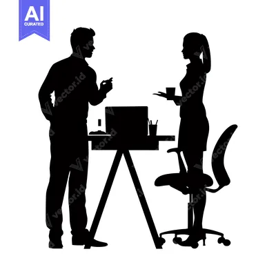 Aset premium populer: Silhouette of a man and woman having a conversation at a desk in an of