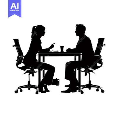 Aset desain premium: Silhouette of a Man and Woman Sitting at a Table in Office Chairs