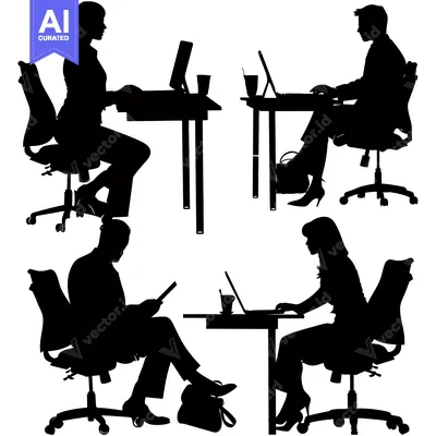 Aset desain premium: Four Silhouettes of People Working at Desks