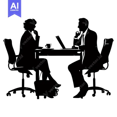 Aset premium populer: Silhouettes of a man and woman in a business meeting.