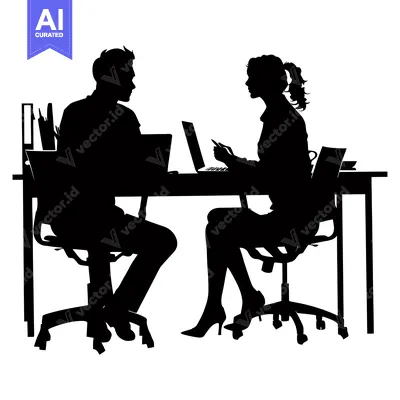 Aset desain premium: Silhouette of a Man and Woman Sitting at a Desk with Laptops