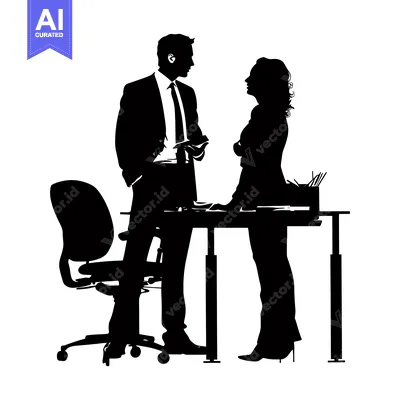 Popular premium asset: Silhouette of a man and woman having a conversation at a desk in an of