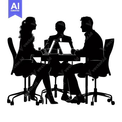 Aset desain premium: Three Silhouettes Sitting at a Table with Laptops