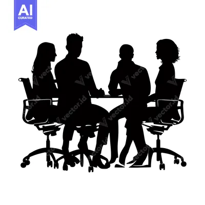 Silhouette of four people sitting around a table in office chairs