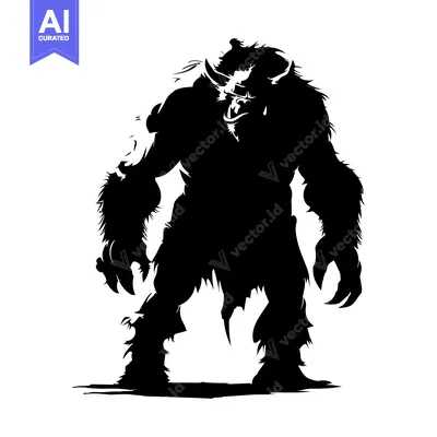 Aset desain premium: Black and White Silhouette of a Furry Monster with Claws