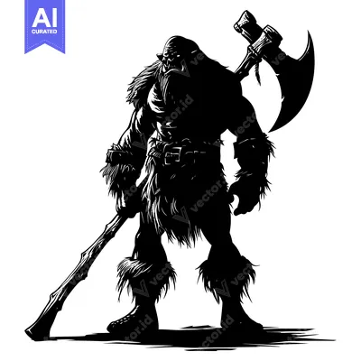 Aset premium populer: A Black and White Silhouette of a Furry Orc Holding a Large Axe