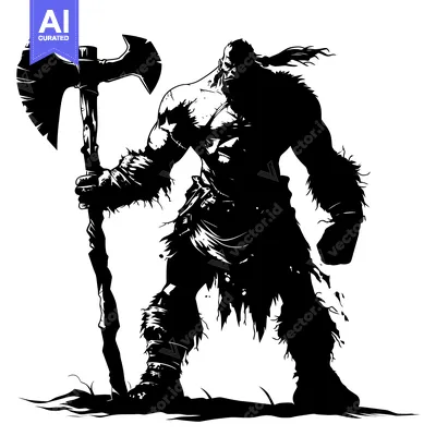 Aset desain premium: Black and White Silhouette of a Barbarian Warrior Holding an Axe