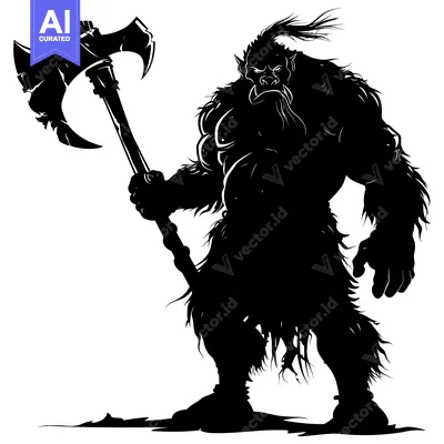 Aset desain premium: Silhouette of a Muscular Orc Holding a Double-Headed Axe