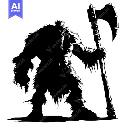 Aset desain premium: Silhouette of a Muscular, Bearded, and Furry Warrior Holding a Large A