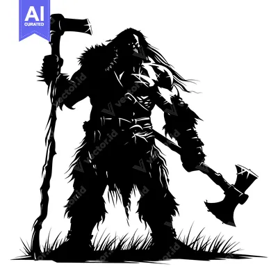 Aset desain premium: Silhouette of a Barbarian Warrior Holding a Double-Headed Axe