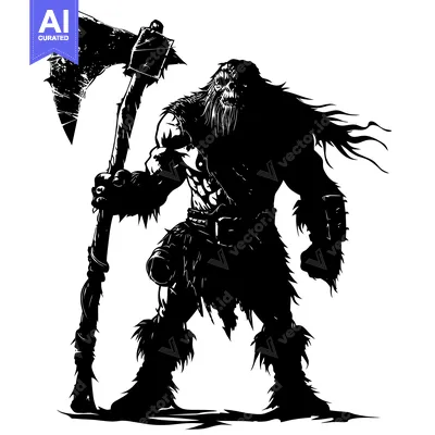 Aset desain premium: A Silhouette of a Powerful Barbarian Warrior Holding a Battle Axe