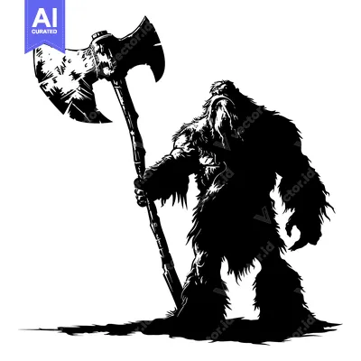 Aset desain premium: A Silhouetted, Furry Creature Holding a Large Axe