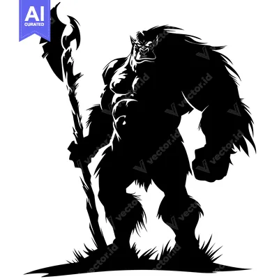 Aset desain premium: Silhouette of a Ferocious Orc Holding an Axe