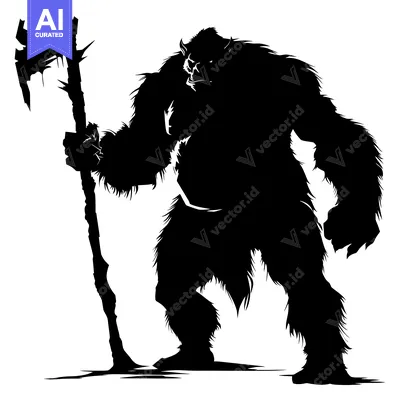 Aset desain premium: Silhouette of a Ferocious Furry Creature Holding a Weapon