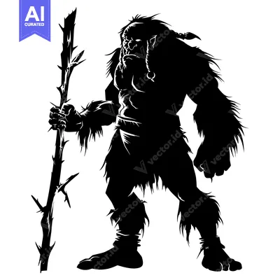 Premium design asset: Silhouette of a Large, Muscular, Furry Creature Holding a Spiky Stick
