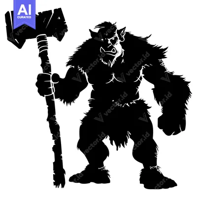 Aset desain premium: Silhouette of a Furry Orc Holding a Massive Hammer