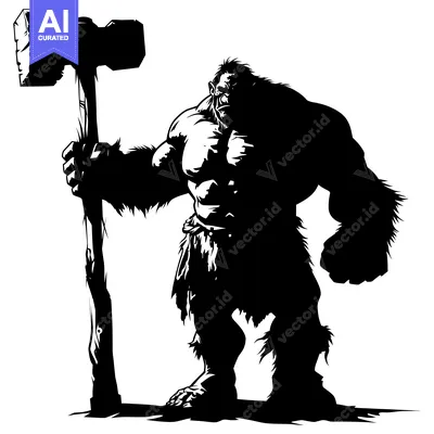 Aset desain premium: A muscular, hairy humanoid figure with a large hammer