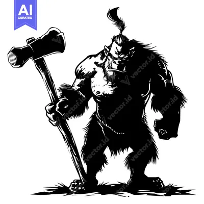 Premium design asset: A Furious, Hairy, Black and White Cartoon Barbarian Holding a Large Ax