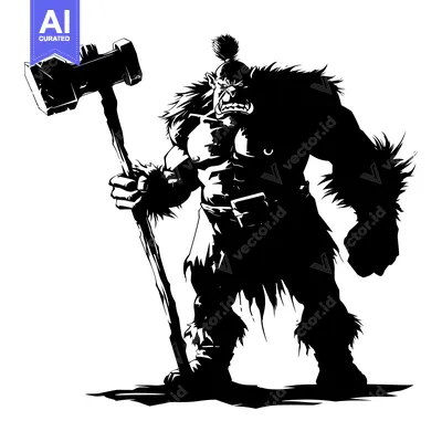 A fierce, black and white silhouette of an orc wielding a large hammer