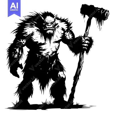 Aset desain premium: A Furry, Muscular Creature With a Club Stands on a Grassy Terrain