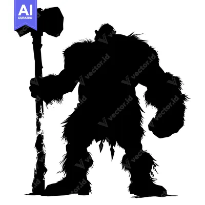 Aset premium populer: Silhouette of a Large, Furry, Muscular Creature Holding a Hammer