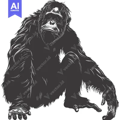 Aset premium populer: A Black and White Illustration of a Sitting Chimpanzee