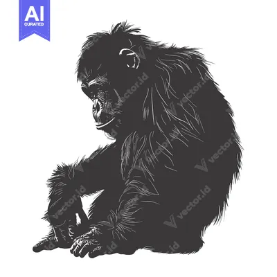 Premium design asset: Black and White Illustration of a Sitting Chimpanzee