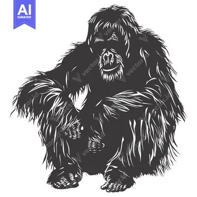Aset desain premium: A Black and White Illustration of a Sitting Orangutan