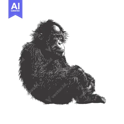 Aset premium populer: A Black and White Illustration of a Sitting Orangutan