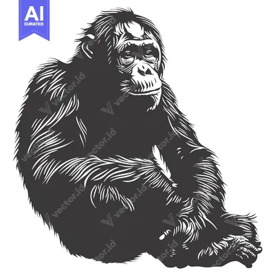 Aset desain premium: Black and White Illustration of a Sitting Chimpanzee