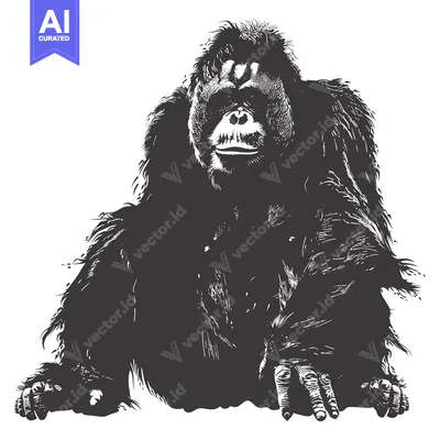 Aset premium populer: Black and White Illustration of a Sitting Orangutan