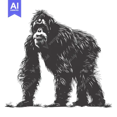 Aset premium populer: A Black and White Sketch of an Orangutan Standing in a Grassy Area