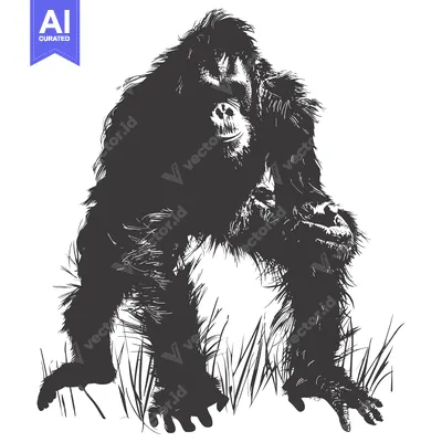 Aset desain premium: Black and White Illustration of a Large Orangutan in the Grass