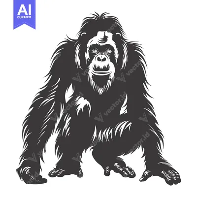 Aset premium populer: Black and White Illustration of a Sitting Orangutan