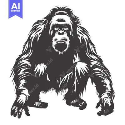 Aset desain premium: Black and White Illustration of an Orangutan Sitting with Its Hands Ou
