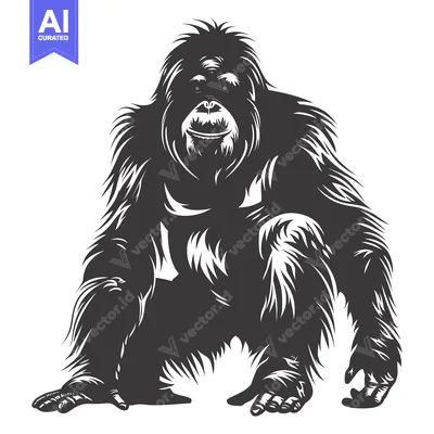 Aset premium populer: A black and white illustration of a sitting orangutan