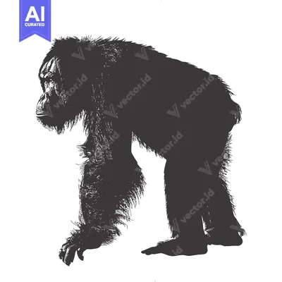Aset desain premium: Black and White Silhouette of a Standing Chimpanzee