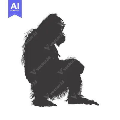 Aset desain premium: A Black and White Silhouette of a Sitting Chimpanzee