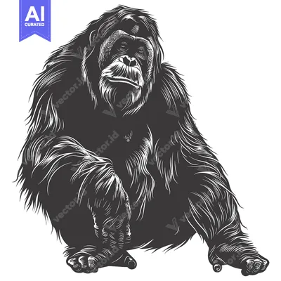 Aset premium populer: Black and White Illustration of a Sitting Orangutan