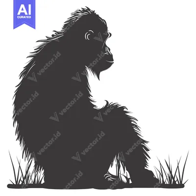 Aset desain premium: Silhouette of a Sitting Chimpanzee in Grass