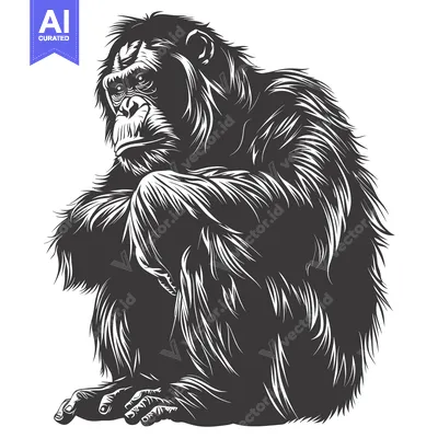 Premium design asset: Black and White Illustration of a Sitting Chimpanzee