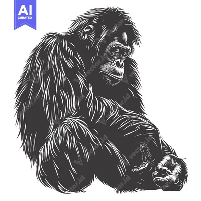 Aset premium populer: A Black and White Line Art Illustration of a Sitting Gorilla